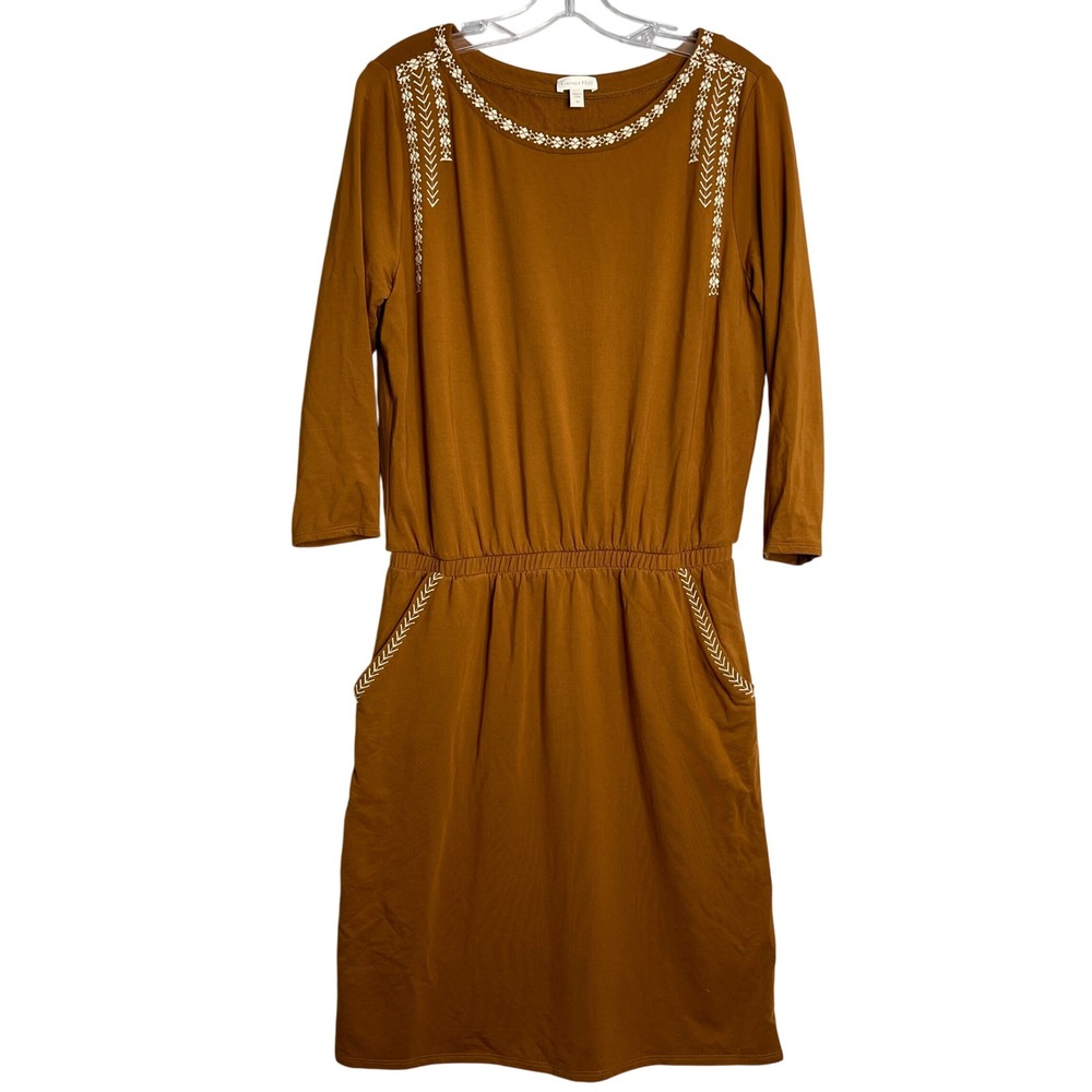 Garnet Hill Dress Womens M Brown Embroidered Pocket Detail Knit Boho‎ Floral